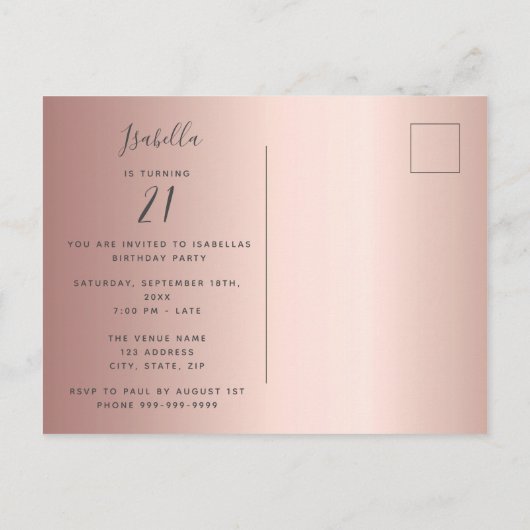 Foto: Surprise Birthday Party roos gold uitnodigin Briefkaart (Achterkant)