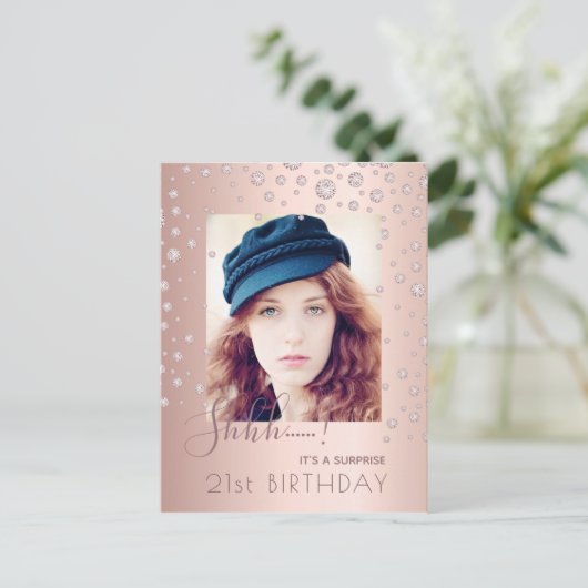 Foto: Surprise Birthday Party roos gold uitnodigin Briefkaart (Staand voorkant)