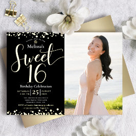 Foto Sweet 16 Birthday Modern Black Real Gold Folie Uitnodiging