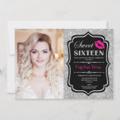 Foto: Sweet 16 Birthday Pink Kiss Silver Black Inv Kaart (Voorkant)