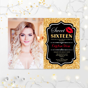 Foto Sweet 16 Birthday Red Kiss Gold Black Kaart