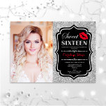 Foto Sweet 16 Birthday Red Kiss Silver Black Invi Kaart<br><div class="desc">Foto Sweet 16 Birthday Red Kiss Silver Black. Zoiets zestien verjaardagsfeestdagen met je foto. Kenmerkt manuscriptdoopvont,  lippen kus en confetti. Klein zwart wit rood met extra glitter zilver. Ideaal voor een elegante 16e bday viering.</div>