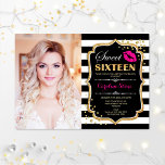 Foto Sweet 16 Birthday - Roze Kiss Gold Black Kaart<br><div class="desc">Foto Sweet 16 Birthday - Roze Kiss Gold Black. Zoiets zestien verjaardagsfeestdagen met je foto. Met zwarte witte strepen,  scriptlettertype,  lippen en confetti. Kleur zwart,  wit,  roze,  smeltophoping met faux glitter goud. Ideaal voor een elegante 16e bday viering.</div>