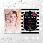 Foto Sweet 16 Birthday - Roze Kiss Silver Black Kaart<br><div class="desc">Foto Sweet 16 Birthday - Roze Kiss Silver Black. Zoiets zestien verjaardagsfeestdagen met je foto. Met zwarte witte strepen,  scriptlettertype,  lippen en confetti. Klaszwart wit fuchsia hot-roze design met faux glitter Silver. Ideaal voor een elegante 16e bday viering.</div>