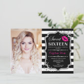 Foto Sweet 16 Birthday - Roze Kiss Silver Black Kaart (Staand voorkant)