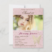 Foto Sweet 16 Girl Pink en Gold Butterfly Magnetische Uitnodiging (Voorkant)