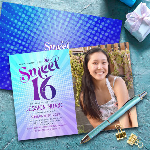 Foto Sweet 16 Groovy Paars Blauw Verlopend Retro Kaart