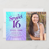 Foto Sweet 16 Groovy Paarse Blauwe Gradiënt Retro Kaart (Voorkant)