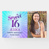 Foto Sweet 16 Groovy Paarse Blauwe Gradiënt Retro Spandoek (Horizontaal)