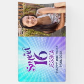 Foto Sweet 16 Groovy Paarse Blauwe Gradiënt Retro Spandoek (Verticaal)