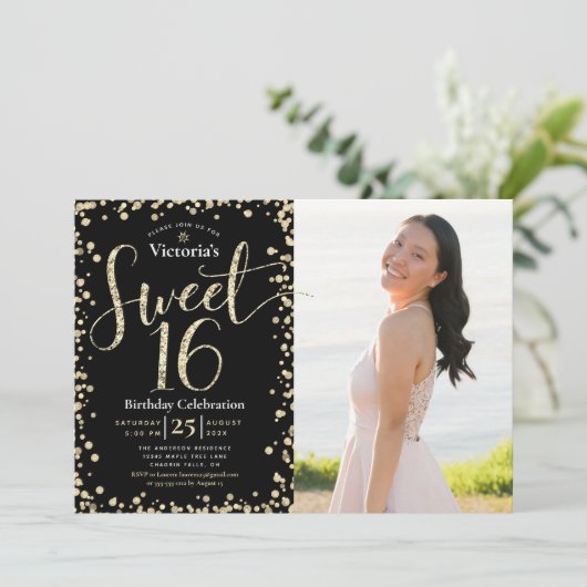 Foto Sweet 16 Modern Black Gold Glitter Birthday Kaart (Staand voorkant)
