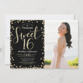 Foto Sweet 16 Modern Gold Black Glitter Birthday Kaart (Voorkant)