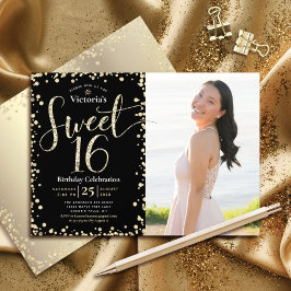 Foto Sweet 16 Modern Gold Black Glitter Birthday Kaart