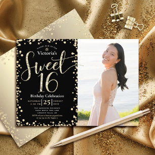Foto Sweet 16 Modern Gold Black Glitter Birthday Kaart