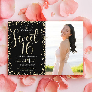 Foto Sweet 16 Moderne Zwarte Gouden Glitter Verjaa Kaart