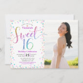 Foto Sweet 16 Rainbow Glitter Confetti Birthday Kaart (Voorkant)