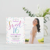 Foto Sweet 16 Rainbow Glitter Confetti Birthday Kaart (Staand voorkant)