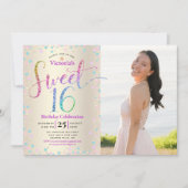 Foto: Sweet 16 Rainbow Glitter Gold Foil Birthday Kaart (Voorkant)