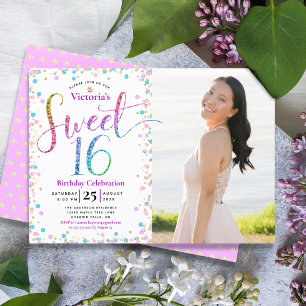 Foto Sweet 16 Regenboog Glitters Confetti Verjaard Kaart