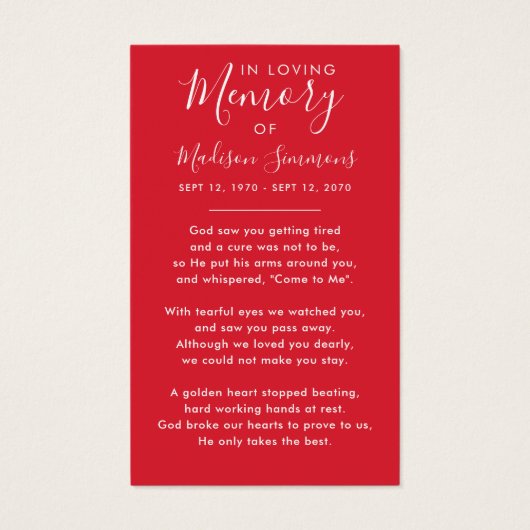 Foto Sympathie Funeral Memorial Red Prayer Kaarten Visitekaartje (Achterkant)