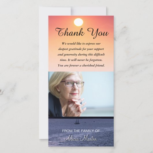 Foto Sympathie Herdenking Dank Je Zeilboot Zonsond Bedankkaart (Voorkant)