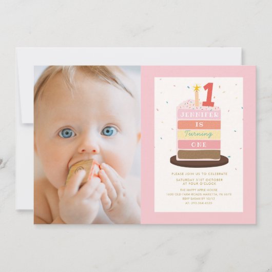 Foto Taart Kaars Kleurrijke Sparkle 1e Verjaardag Kaart (Voorkant)