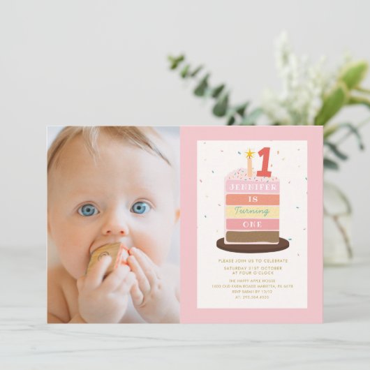 Foto Taart Kaars Kleurrijke Sparkle 1e Verjaardag Kaart (Staand voorkant)