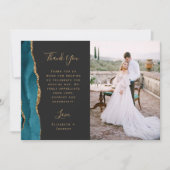Foto Teal Blauwe Agate Gouden Script Bruiloft Bedankkaart (Voorkant)