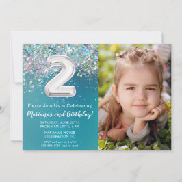 Foto Teal Zilver Glitter 2e Verjaardag Kaart