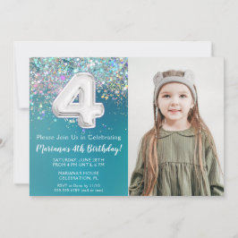Foto Teal Zilveren Glitter 4e Verjaardagsuitnodigi Kaart
