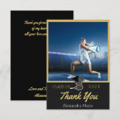 Foto tennisspeler Zwart Goud  Witte afstuderen Bedankkaart (Voorkant / Achterkant)