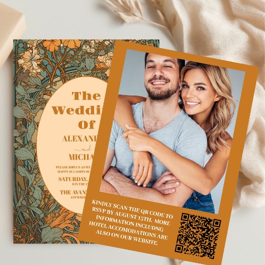 Foto Terracotta Bloem Art Nouveau Bruiloft Kaart