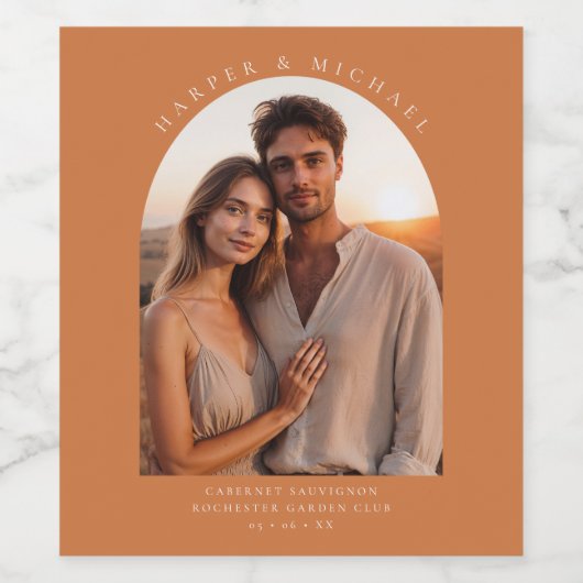 Foto Terracotta boog gepersonaliseerde bruiloft Wijn Etiket (Enkel label)