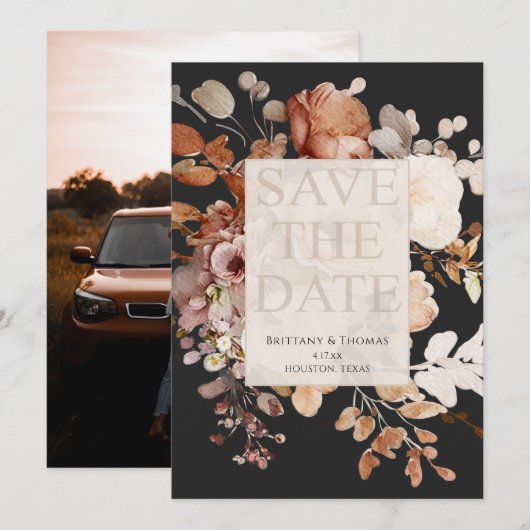 Foto Terracotta Floral op zwart Save the Date Kaart (Voorkant / Achterkant)
