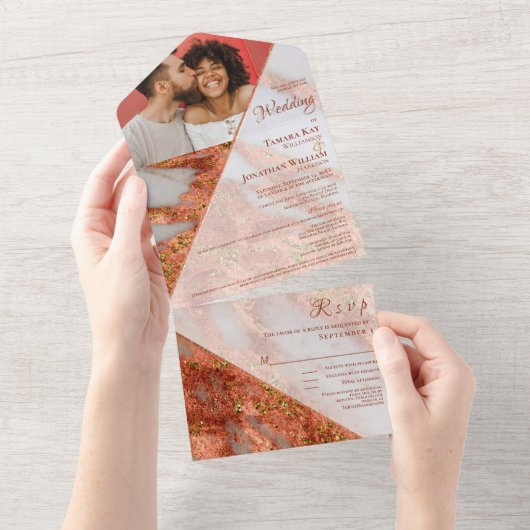 Foto Terracotta Koper Marmer Geometrisch Elegant All In One Uitnodiging (Afscheurbaar)