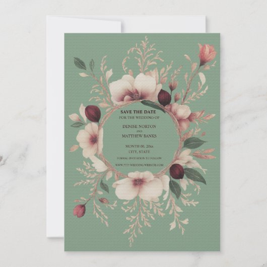 Foto Terug Basil Green Cream Floral Save The Date (Voorkant)