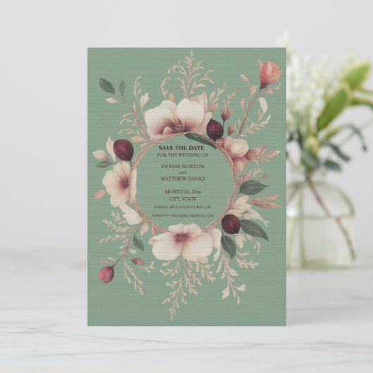 Foto Terug Basil Green Cream Floral Save The Date (Staand voorkant)
