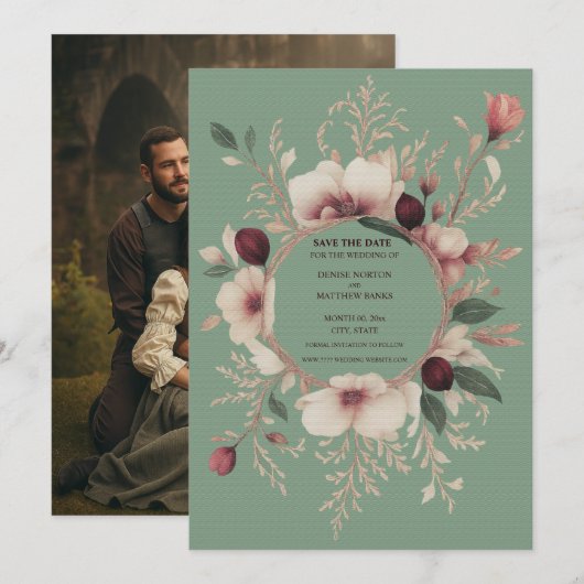 Foto Terug Basil Green Cream Floral Save The Date (Voorkant / Achterkant)