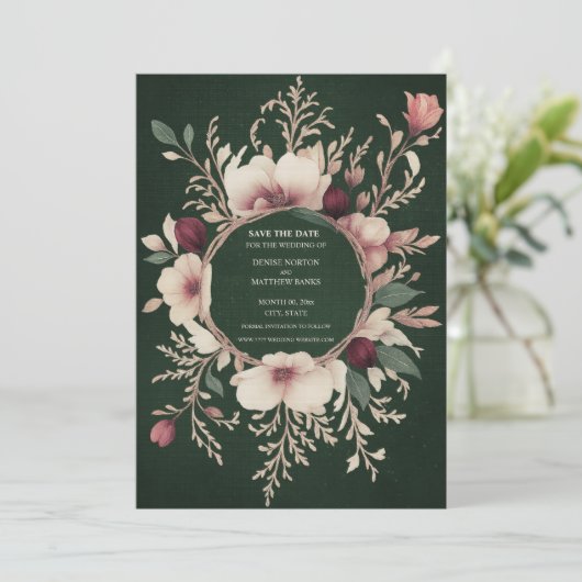 Foto Terug Groen en Crème Bloemen Save The Date (Staand voorkant)