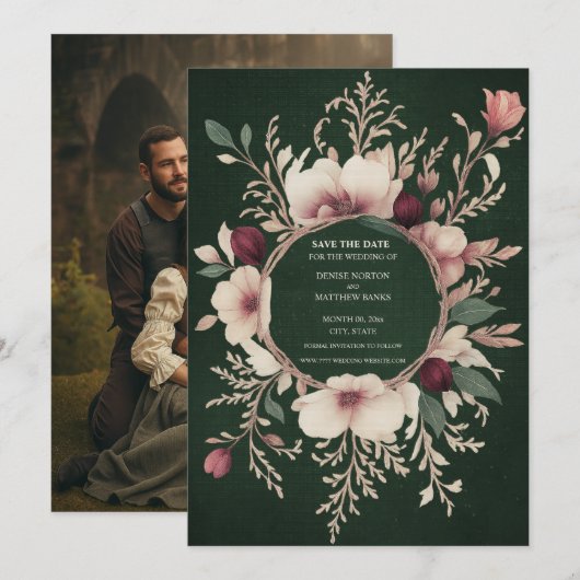 Foto Terug Groen en Crème Bloemen Save The Date (Voorkant / Achterkant)