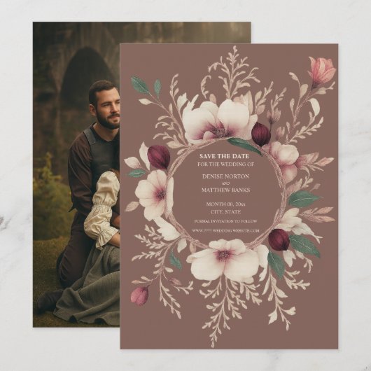 Foto Terug Mocha en Cream Bloemen Save The Date (Voorkant / Achterkant)