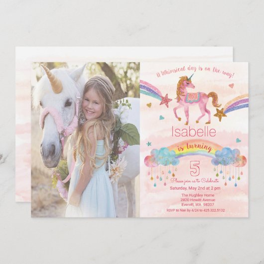 Foto toevoegen Rainbow Unicorn Birthday Invitation Kaart (Voorkant / Achterkant)