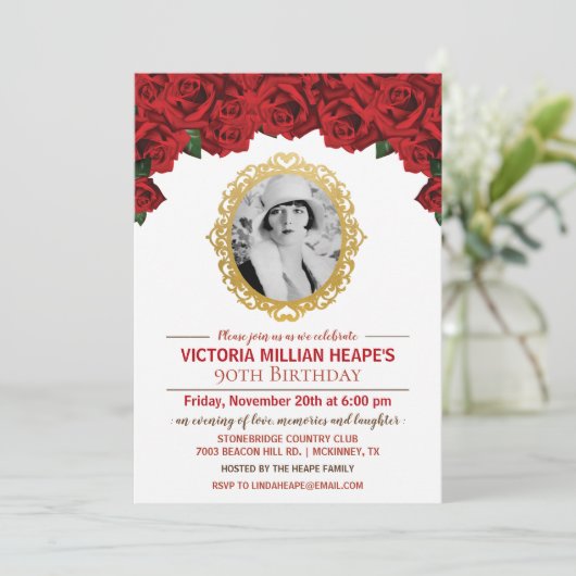 FOTO TOEVOEGEN - Rozen Milestone Birthday Invitati Kaart (Staand voorkant)