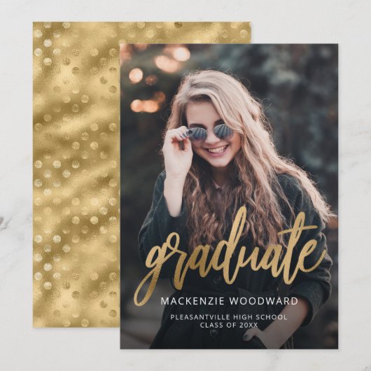 Foto trendy gouden script afstudeeraankondiging kaart (Voorkant / Achterkant)