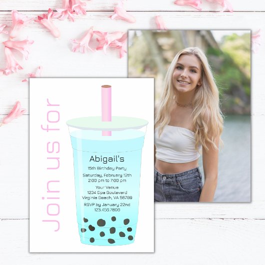 Foto Trendy Modern Pink Blue Boba Tea Birthday Kaart