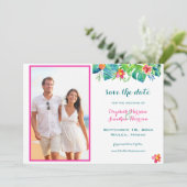 Foto Tropical Beach Berry roze Blauwgroen Blue Flo Save The Date (Staand voorkant)