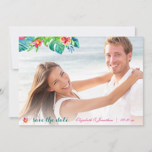 Foto Tropical Beach Berry roze Blauwgroen Floral o Save The Date (Voorkant)