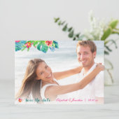Foto Tropical Beach Berry roze Blauwgroen Floral o Save The Date (Staand voorkant)
