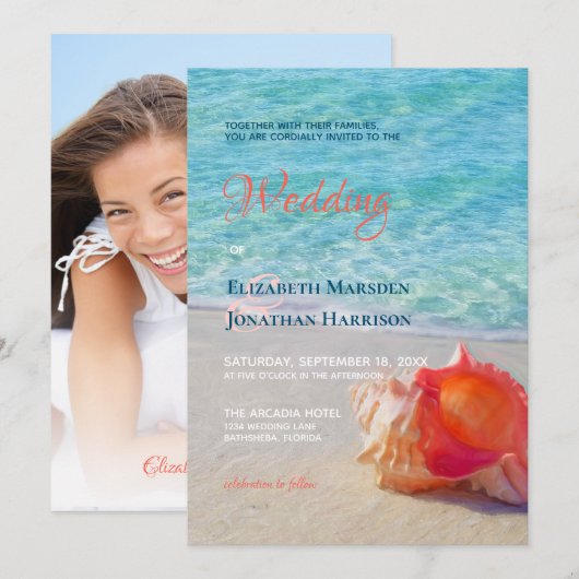 Foto Tropical Beach Conch Shell Modern Wedding Kaart (Voorkant / Achterkant)