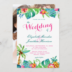 Foto Tropical Beach Pink Blauwgroen Floral Wedding Kaart